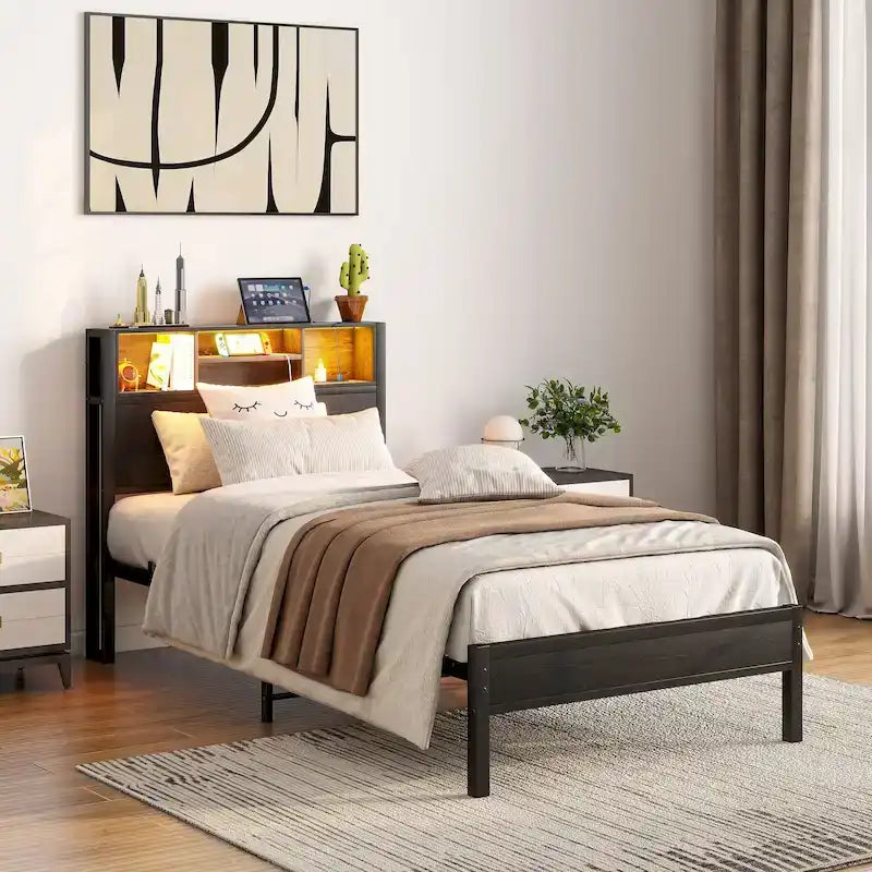 Twin Size Metal Platform Bed with Storage Headboard and Charger