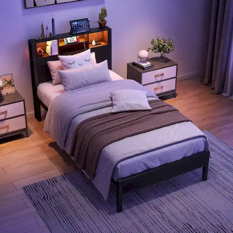 Twin Size Metal Platform Bed with Storage Headboard and Charger