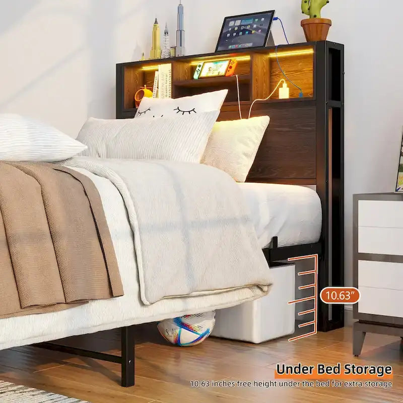 Twin Size Metal Platform Bed with Storage Headboard and Charger