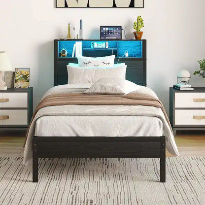 Twin Size Metal Platform Bed with Storage Headboard and Charger
