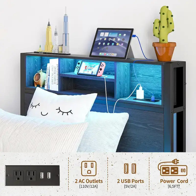 Twin Size Metal Platform Bed with Storage Headboard and Charger