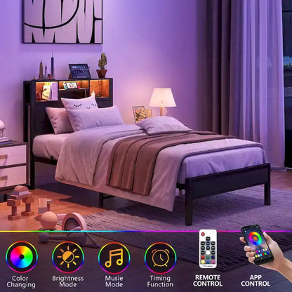 Twin Size Metal Platform Bed with Storage Headboard and Charger