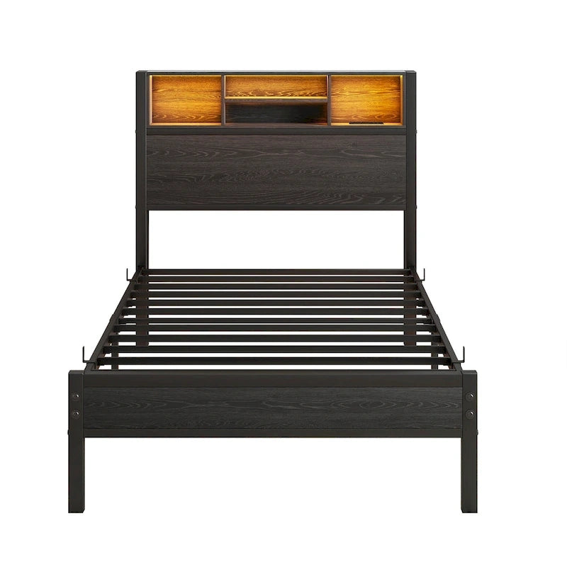 Twin Size Metal Platform Bed with Storage Headboard and Charger