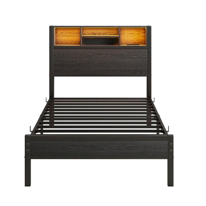Twin Size Metal Platform Bed with Storage Headboard and Charger