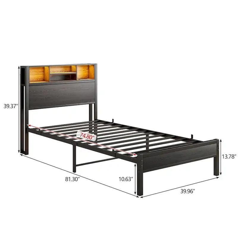 Twin Size Metal Platform Bed with Storage Headboard and Charger