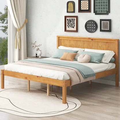 Pine Wooden Platform Bed with Slat Support and Headboard