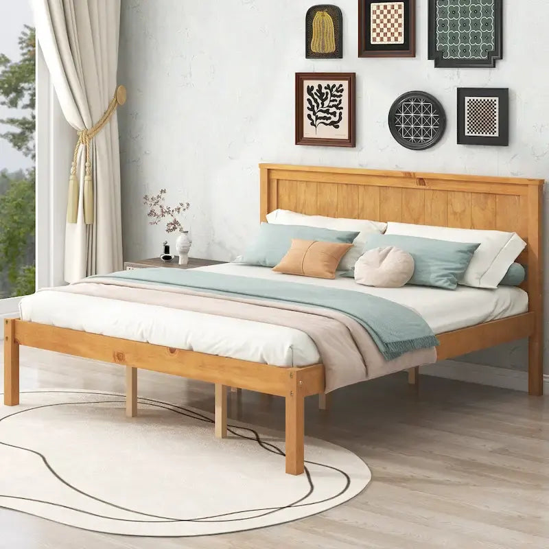 Pine Wooden Platform Bed with Slat Support and Headboard