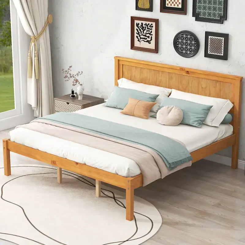 Pine Wooden Platform Bed with Slat Support and Headboard