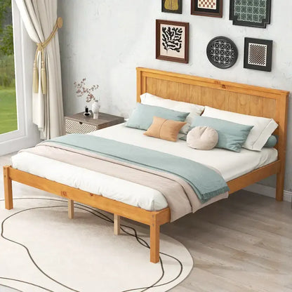 Pine Wooden Platform Bed with Slat Support and Headboard