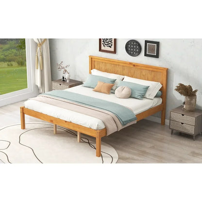 Pine Wooden Platform Bed with Slat Support and Headboard