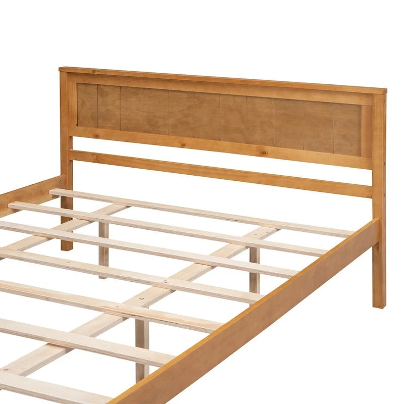 Pine Wooden Platform Bed with Slat Support and Headboard