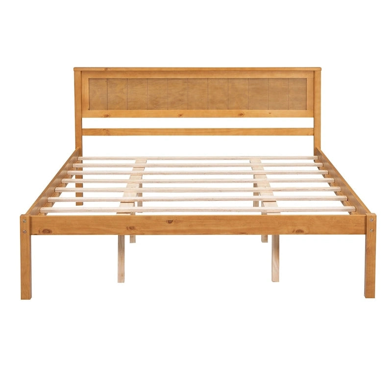 Pine Wooden Platform Bed with Slat Support and Headboard
