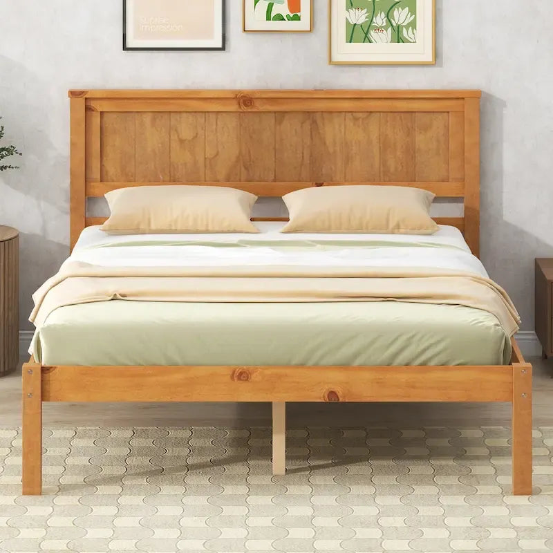 Pine Wooden Platform Bed with Slat Support and Headboard