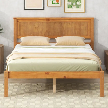 Pine Wooden Platform Bed with Slat Support and Headboard