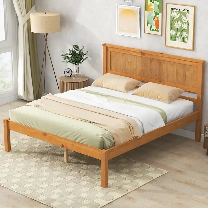 Pine Wooden Platform Bed with Slat Support and Headboard