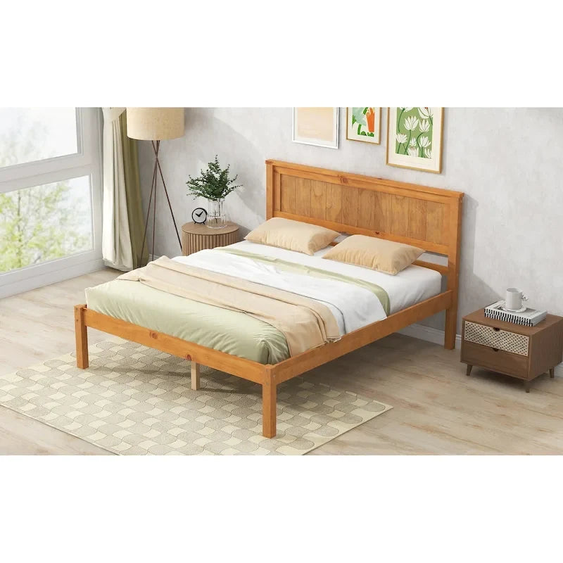 Pine Wooden Platform Bed with Slat Support and Headboard