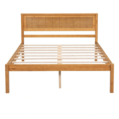 Pine Wooden Platform Bed with Slat Support and Headboard