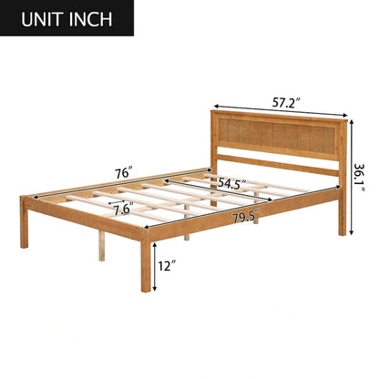 Pine Wooden Platform Bed with Slat Support and Headboard