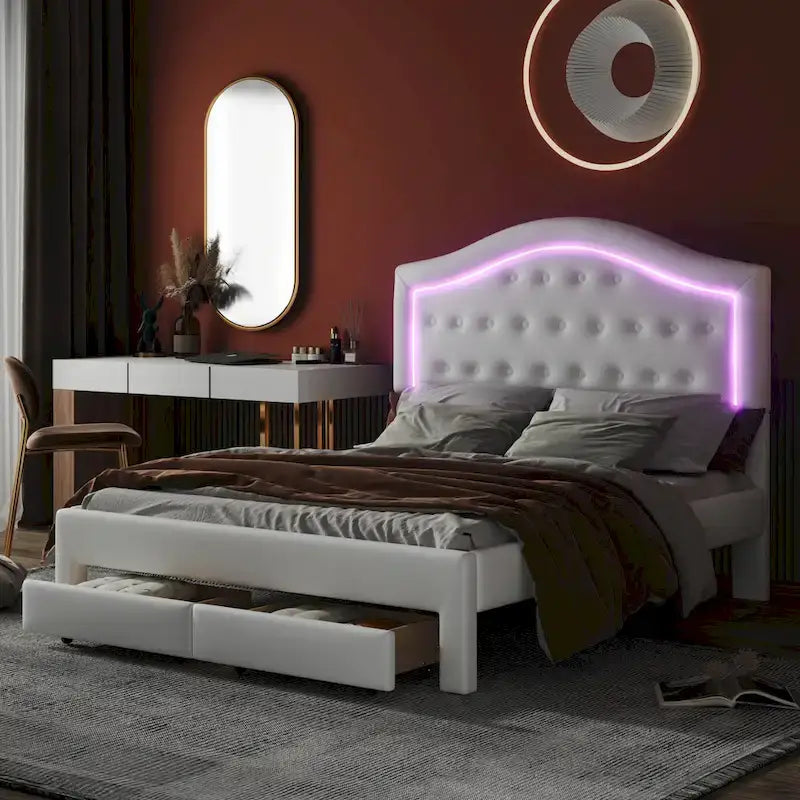 Upholstered Platform Bed with Tufted Headboard, LED and Two Drawers for Bedroom