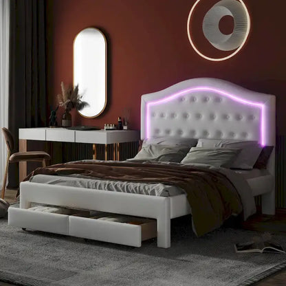 Upholstered Platform Bed with Tufted Headboard, LED and Two Drawers for Bedroom
