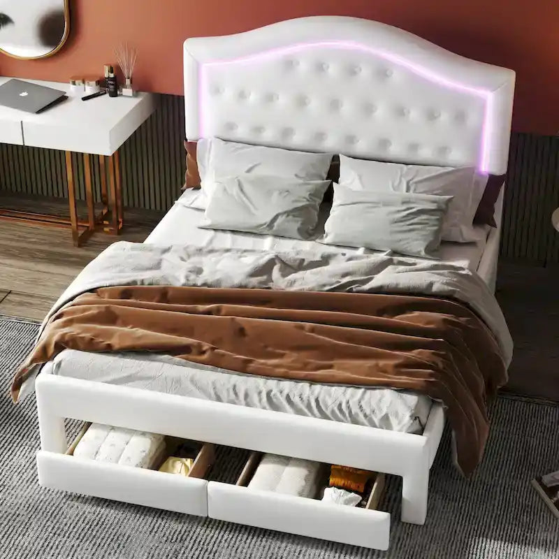 Upholstered Platform Bed with Tufted Headboard, LED and Two Drawers for Bedroom