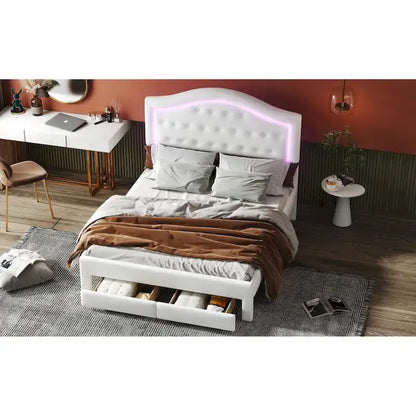 Upholstered Platform Bed with Tufted Headboard, LED and Two Drawers for Bedroom