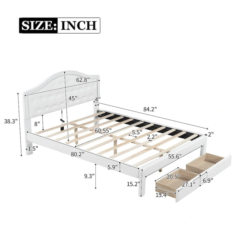 Upholstered Platform Bed with Tufted Headboard, LED and Two Drawers for Bedroom