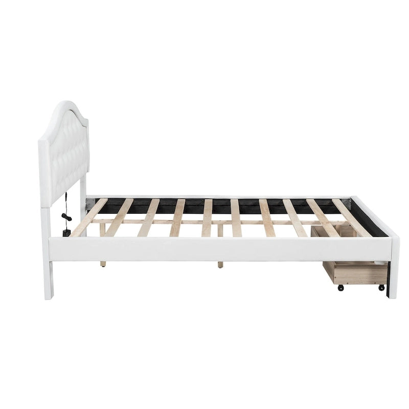 Upholstered Platform Bed with Tufted Headboard, LED and Two Drawers for Bedroom