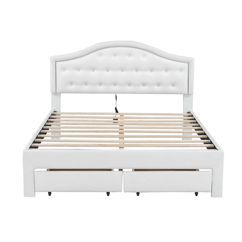 Upholstered Platform Bed with Tufted Headboard, LED and Two Drawers for Bedroom
