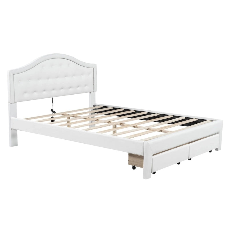 Upholstered Platform Bed with Tufted Headboard, LED and Two Drawers for Bedroom
