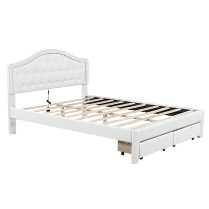 Upholstered Platform Bed with Tufted Headboard, LED and Two Drawers for Bedroom