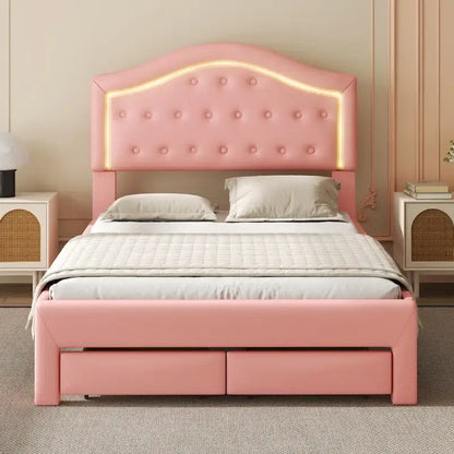 Upholstered Platform Bed with Tufted Headboard, LED and Two Drawers for Bedroom