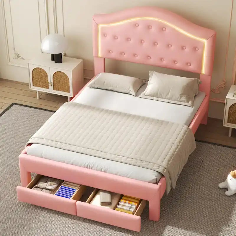 Upholstered Platform Bed with Tufted Headboard, LED and Two Drawers for Bedroom