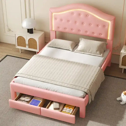 Upholstered Platform Bed with Tufted Headboard, LED and Two Drawers for Bedroom