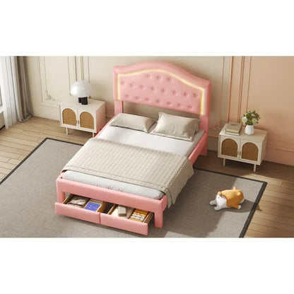Upholstered Platform Bed with Tufted Headboard, LED and Two Drawers for Bedroom