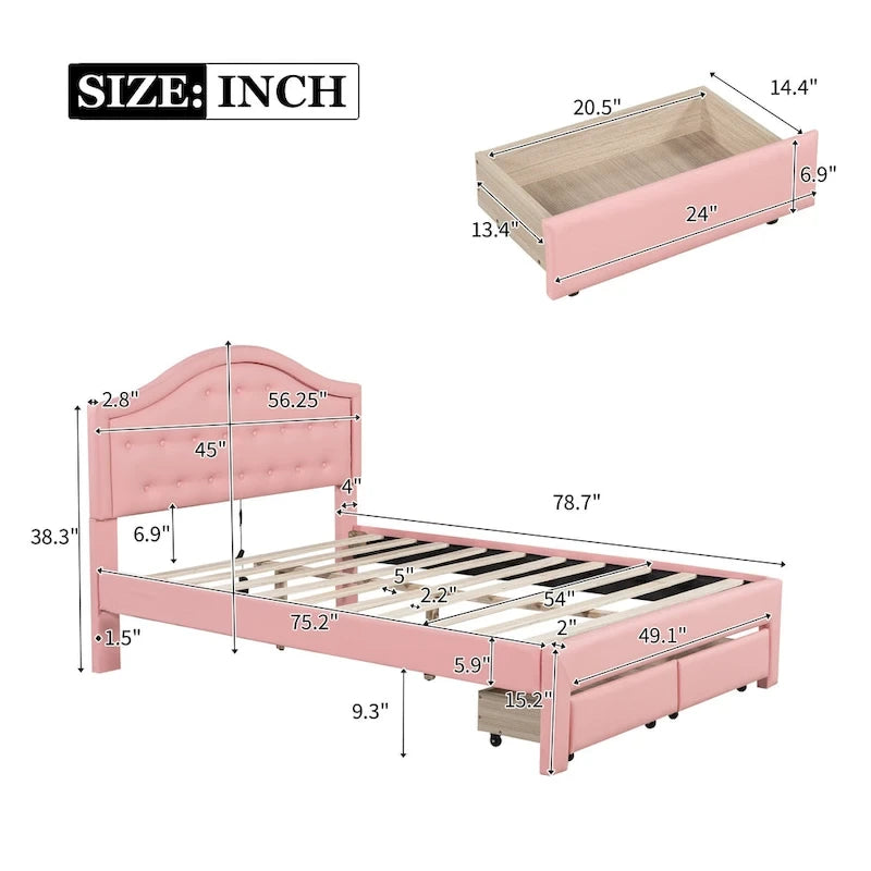 Upholstered Platform Bed with Tufted Headboard, LED and Two Drawers for Bedroom