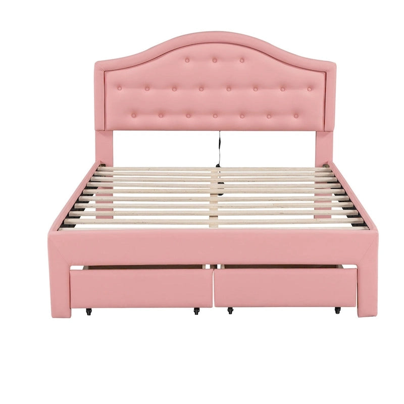 Upholstered Platform Bed with Tufted Headboard, LED and Two Drawers for Bedroom