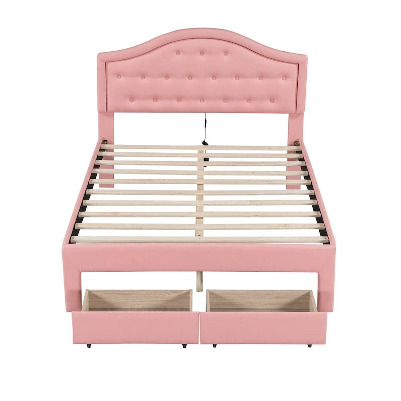 Upholstered Platform Bed with Tufted Headboard, LED and Two Drawers for Bedroom