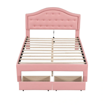 Upholstered Platform Bed with Tufted Headboard, LED and Two Drawers for Bedroom