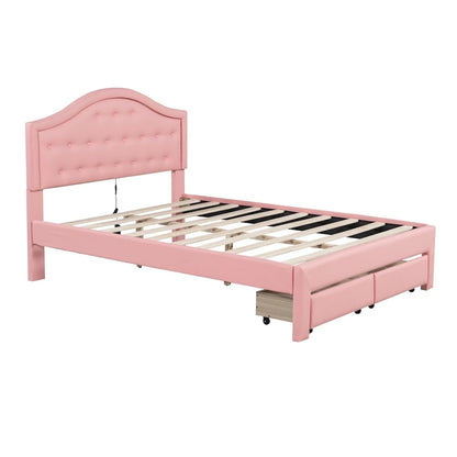Upholstered Platform Bed with Tufted Headboard, LED and Two Drawers for Bedroom