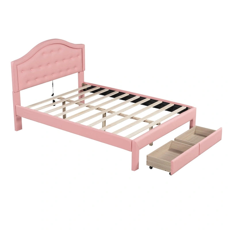Upholstered Platform Bed with Tufted Headboard, LED and Two Drawers for Bedroom