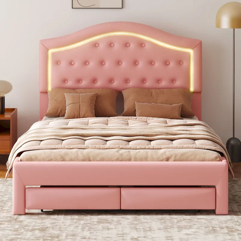 Upholstered Platform Bed with Tufted Headboard, LED and Two Drawers for Bedroom