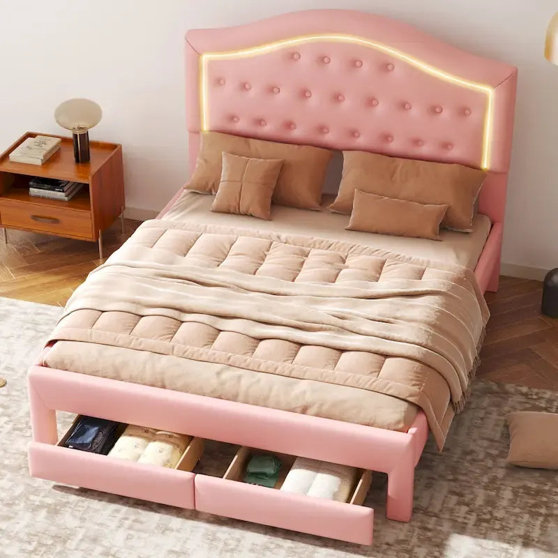 Upholstered Platform Bed with Tufted Headboard, LED and Two Drawers for Bedroom