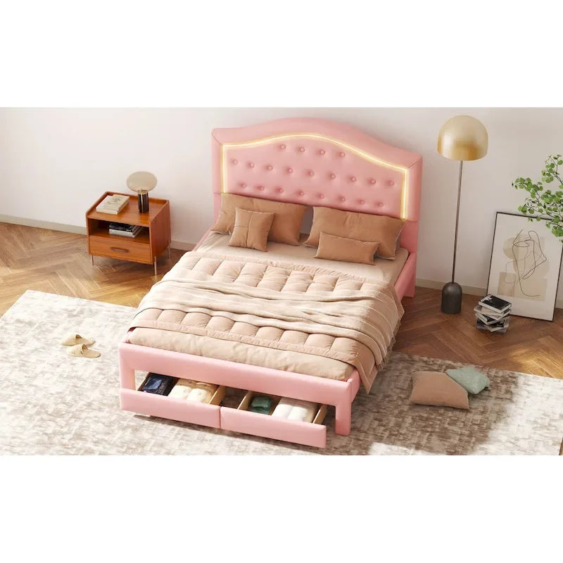 Upholstered Platform Bed with Tufted Headboard, LED and Two Drawers for Bedroom