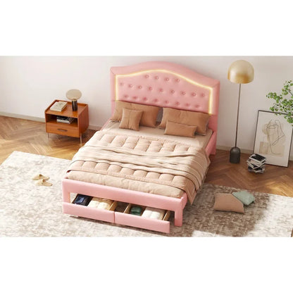 Upholstered Platform Bed with Tufted Headboard, LED and Two Drawers for Bedroom