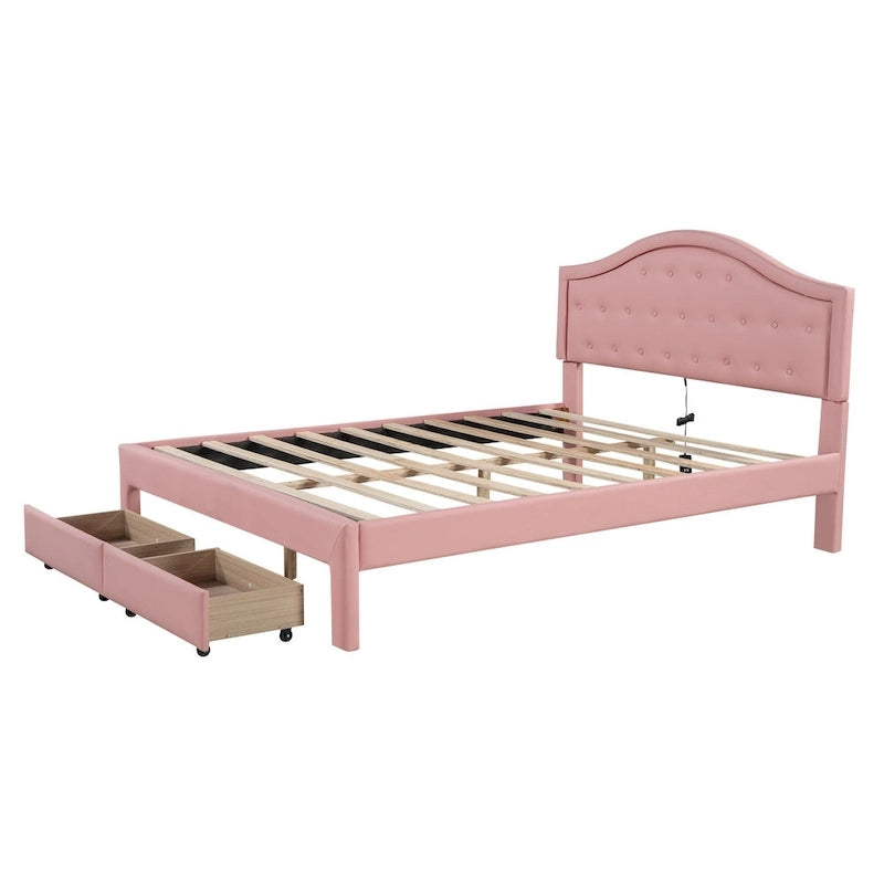 Upholstered Platform Bed with Tufted Headboard, LED and Two Drawers for Bedroom