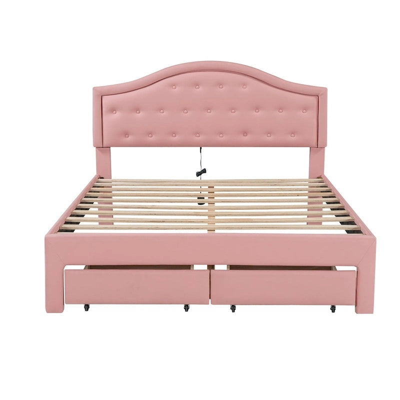 Upholstered Platform Bed with Tufted Headboard, LED and Two Drawers for Bedroom