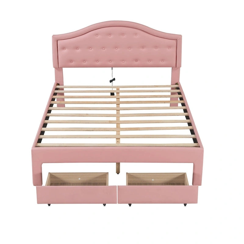 Upholstered Platform Bed with Tufted Headboard, LED and Two Drawers for Bedroom
