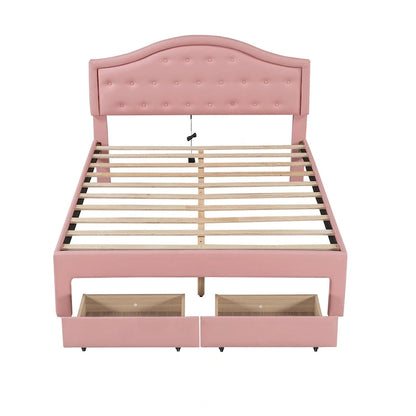Upholstered Platform Bed with Tufted Headboard, LED and Two Drawers for Bedroom