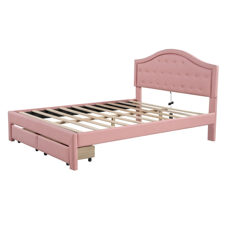 Upholstered Platform Bed with Tufted Headboard, LED and Two Drawers for Bedroom